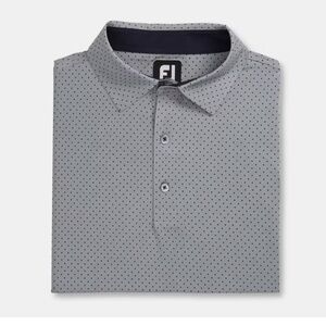 Men's Stretch “Lisle” Dot Print FootJoy Light Grey/Navy Blue Polo Shirt